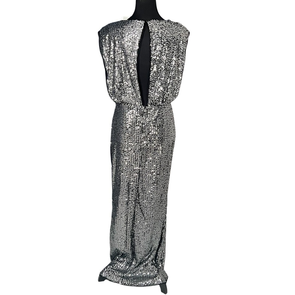 Black Silver Sequin Maxi Dress M Deep V Slit Glam Evening Gown - Picture 3 of 16